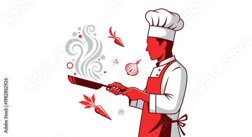 Stylized Frying Pan with Steam and Carrot Icon for Food and Cooking Themes