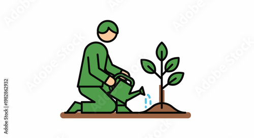 Soldier Kneeling in Green Uniform, Icon Style, Isolated on White Background