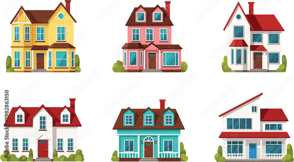 Fototapeta premium Colorful Residential Houses Collection Featuring Modern and Classic Home Designs, Suburban Architecture, and Exterior Building Styles for Real Estate in Flat Vector Illustration.