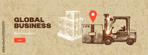 Sketch logistics collage background. Global shipping, delivery, worldwide transport concept. Retro hand drawn isolated vector illustration.