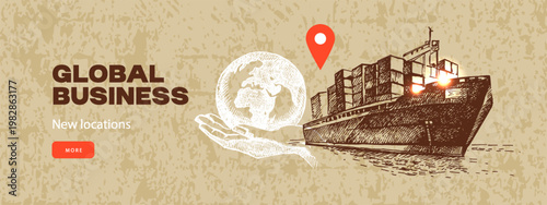 Sketch logistics collage background. Global shipping, delivery, worldwide transport concept. Retro hand drawn isolated vector illustration.