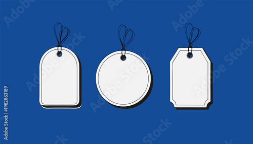 Set of three blank white price tags with strings, flat vector illustration on blue background.eps