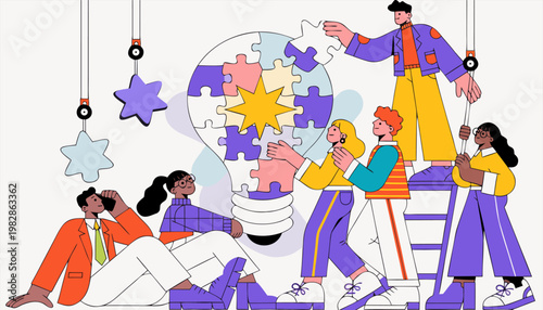 Stylized Characters Working Together to Build a Big Idea with Jigsaw Pieces, Representing Startup Collaboration, Strategic Planning, and Collective Intelligence on a White Background..eps