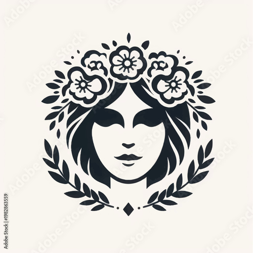 Woodcut style portrait of a woman's face crowned with flowers and laurel wreath. Monochrome logo for nature, beauty, or mythology.
