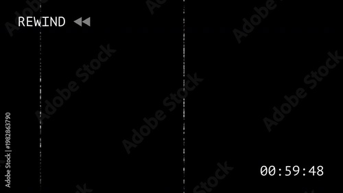 Old Damaged VHS Tape Rewind Glitch Interface Overlay with Alpha Channel, Static Noise, Tape Artifacts, and Distortion