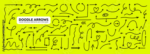 Black Doodle Thin Line Arrow Icon Set. Handdrawn Spiral Down Arrow Shape Kit. Hand Drawn Vector Illustration in Yellow Bg