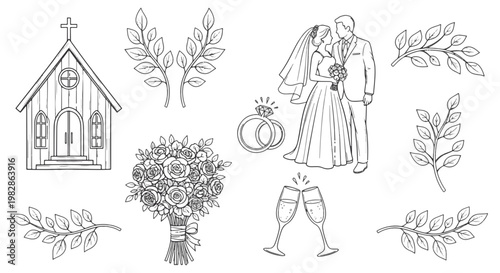 Obraz na płótnie Wedding Ceremony Scene with Couple Church Flowers and Champagne Toast