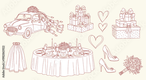 Whimsical Wedding Celebration Elements Featuring Decorated Car Gifts and Table Setting