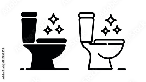 A simple black and white illustration of two clean toilets with sparkles