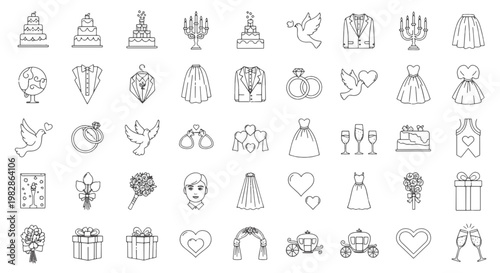 Foto Charming Wedding Icons Collection with Cakes Rings and Wedding Attire for Celebr
