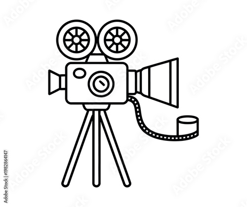 A vintage film camera on a tripod with a film reel attached to it.