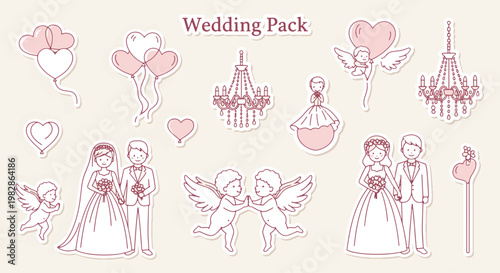 Cute Wedding Pack Stickers with Couples and Hearts