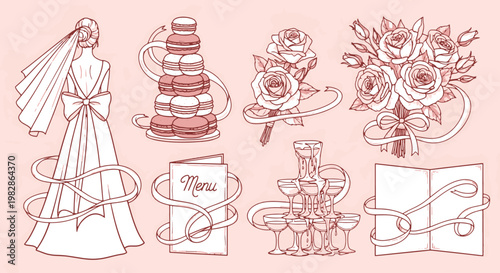 Elegant Wedding Elements Bride Dress Macaron Tower Roses Menu and Champagne Glasses
