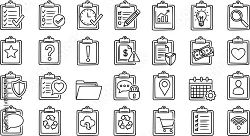 Black and White Line Art Icons on Clipboard: Business, Finance, Technology, and Security Concepts