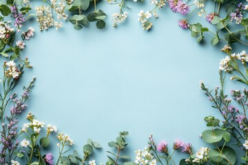 delicate spring floral border of eucalyptus branches and small white and purple blossoms on a soft blue background, fresh and serene