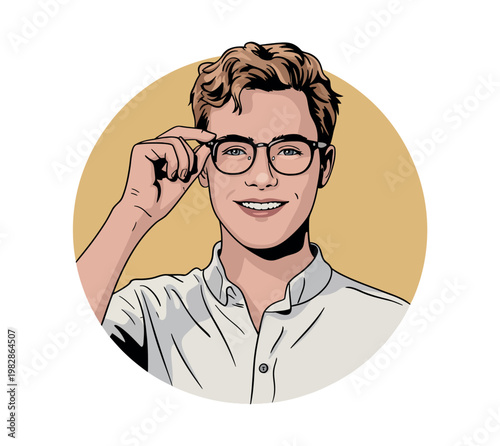 A young man with glasses and a white shirt smiling at the camera confidently