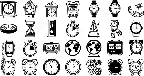 Black and White Line Art Icons of Various Clocks and Timekeeping Devices, Technology and Time Concept