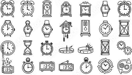 Black and White Line Art Icons of Various Clocks, Watches, and Timekeeping Devices