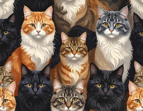 A harmonious gathering of diverse cat breeds in seamless pattern illustration
