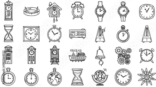 Black and White Line Art Icons of Clocks and Timekeeping Devices on White Background