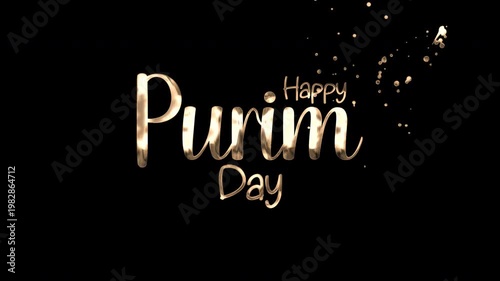Gold happy purim day greeting on black background. Suitable for purim event promotions, social media posts, and festive celebrations.
