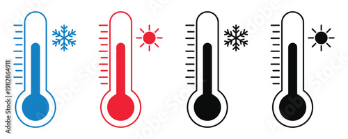 Thermometer icons set, hot and cold temperature signs with sun and snowflake symbols, weather measurement, flat design.