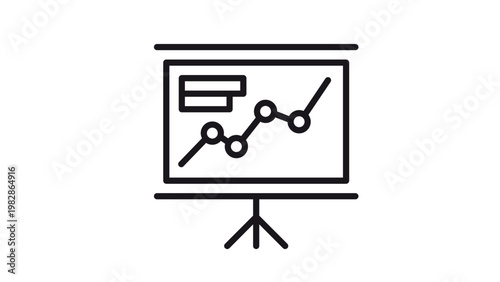 Fotografía Black line vector icon of a presentation screen on a tripod stand, displaying a line chart with data points and horizontal bars, representing business growth, data analytics, and reports