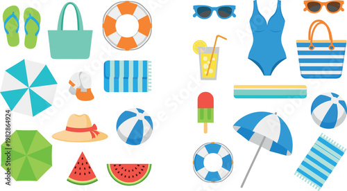 Summer Beach Accessories Set with Pool Floats, Sunglasses, Towels, Watermelons, and Tropical Drinks for Travel, Resorts, and Websites