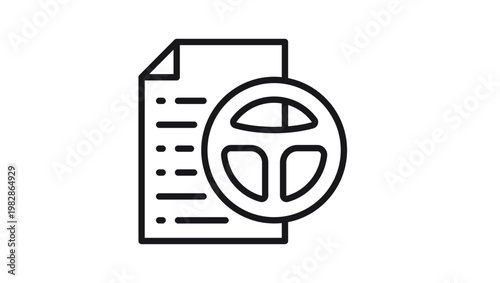 Driver's License and Vehicle Registration Document Vector Icon. Minimalist Black Line Illustration of a Steering Wheel and Paper for Car Insurance, Automotive Paperwork, and Transport Apps.