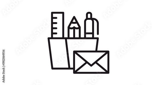 Minimalist black vector icon illustration of office supplies including a pencil holder with a ruler, pencil, and pen, paired with a mail envelope for business communication and stationery needs.