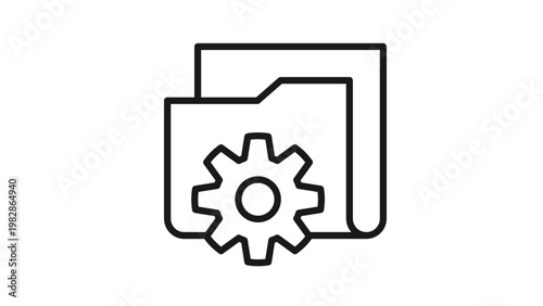 Minimalist black outline vector icon illustration of stacked document folders with a gear cog symbol, ideal for representing file management, system settings, and directory configuration.