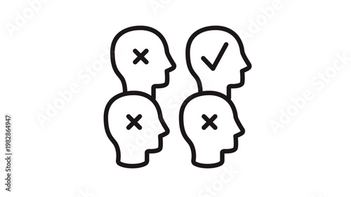 Human resources recruitment vector icon with four head silhouettes, one featuring a checkmark and three with crosses, symbolizing candidate selection, hiring process, and talent acquisition.