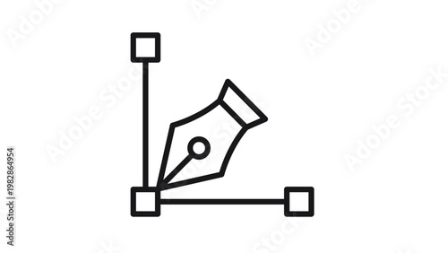 Black line vector icon of a fountain pen nib tool with anchor points and paths, representing digital graphic design, illustration, and vector editing software tools on a white background.