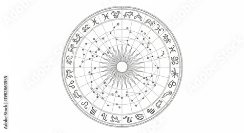 Astrology Zodiac Wheel Chart with Symbols and Constellations.