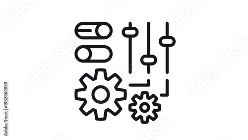 Black vector icon illustration of settings and configuration interface with gears, sliders, and toggle switches, minimalist symbol for control panel, customization, and system management tools.