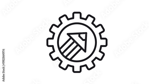 Black vector icon illustration of a gear with a pencil inside, representing creative design, engineering, technical drawing, industrial process, project management, and innovative development.