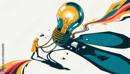 Modern Flat Vector Illustration of a Geometric Lightbulb Shattering with Vibrant Rainbow Stream and Hooded Character in Surreal Scene.eps