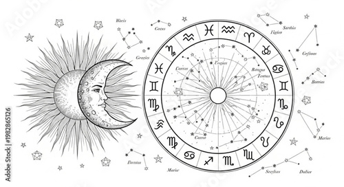 Astrology Zodiac Wheel Sun Moon Stars Constellations.