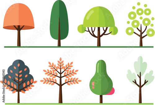 a colorful and simplistic illustration depicts eight different stylized trees arranged in two rows showcasing varied shapes and hues high quality