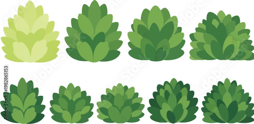 a collection of stylized green shrubbery in varying shades arranged in two rows presents diverse foliage designs for landscaping high quality