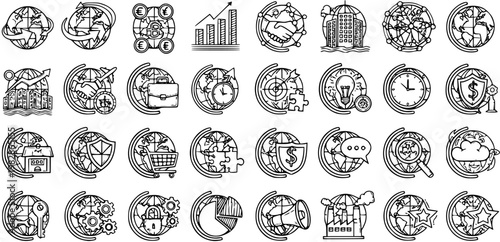 Global Business Icons: Line Art Concepts for Finance, Technology, and Investment