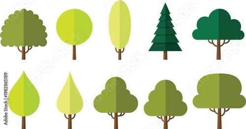 a collection of stylized trees and foliage in varying shades of green arranged in a simple flat design aesthetic high quality