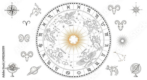 Astrology Zodiac Wheel with Celestial Symbols and Sun Illustration.