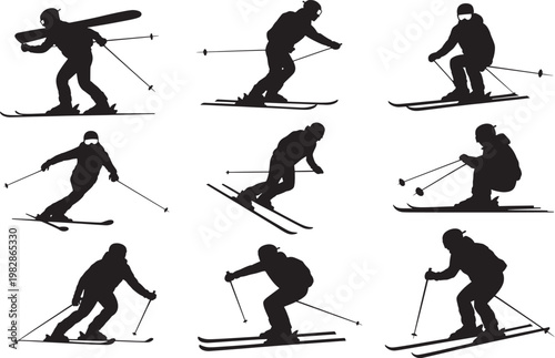 Skiing silhouette collection featuring athletes in various winter sports poses for resort marketing
