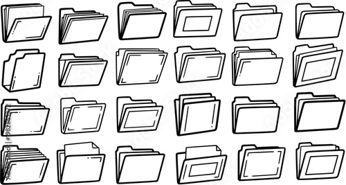Black and White Line Art Hand-drawn Business File Folder Icons Collection for Office Document Organization, Data Management, and Storage