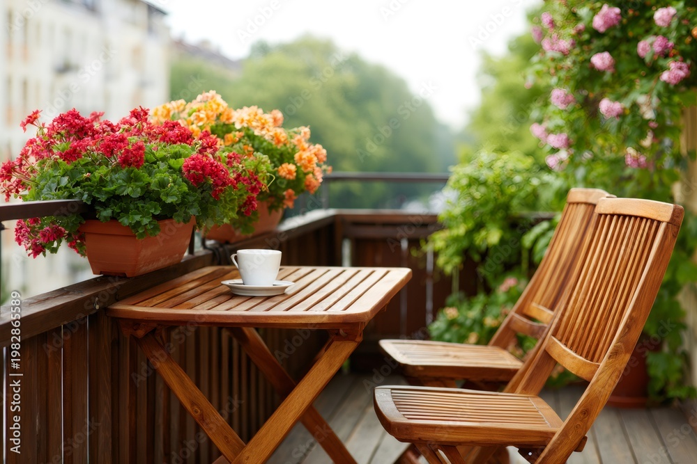 Obraz premium Balcony setup with coffee cup and blooming flowers