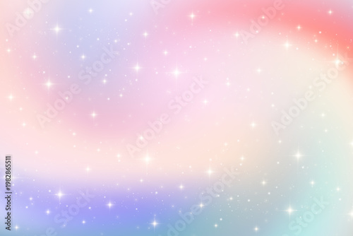 Starry universe background with purple night sky. Magical cosmic scene of pink galaxy. Blue gradient horizon and glowing constellation patterns in space. Vector illustration