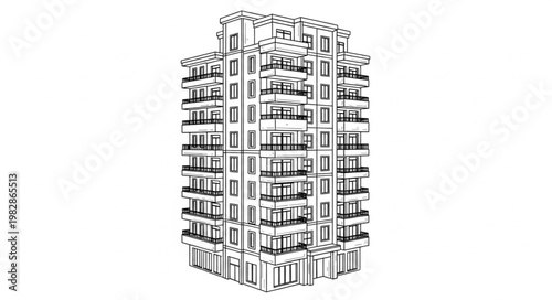 Architectural Sketch of a Modern Apartment Building with Balconies.