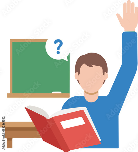 An engaged student with a raised hand holds an open book while participating in a classroom lesson
