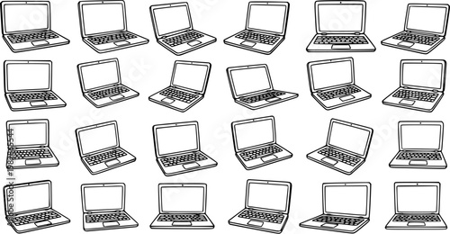 Technology Laptops Vector Line Art Collection. Hand-drawn Doodle Sketch of Notebook Computers for Business, Education, and Remote Work Concepts.